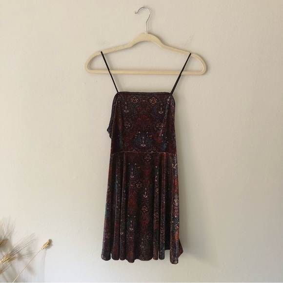 Urban Outfitters Ecote LACE-UP Boho Print Velvet FIT & FLARE Dress Black S - Picture 6 of 13